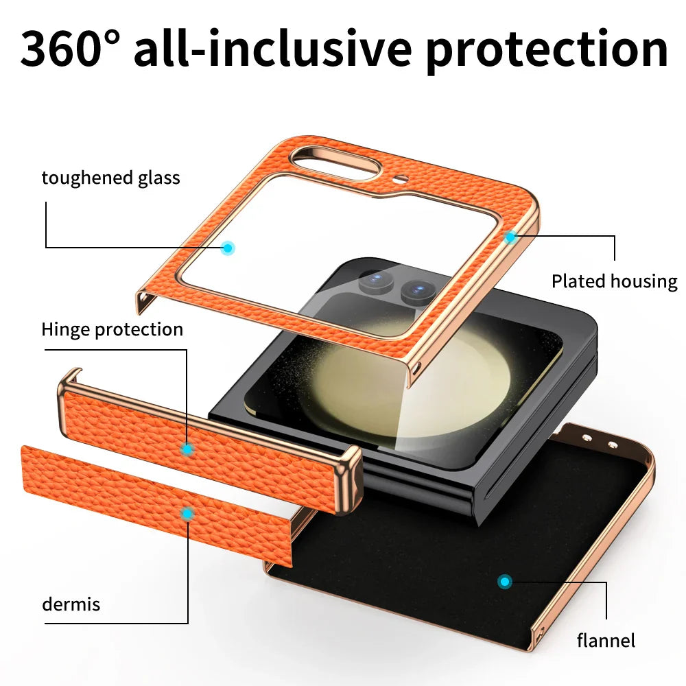 Cowhide Leather Samsung Galaxy Z Flip Case — Luxury Hinge Protection Cover with Tempered Glass for Flip 5/6/7