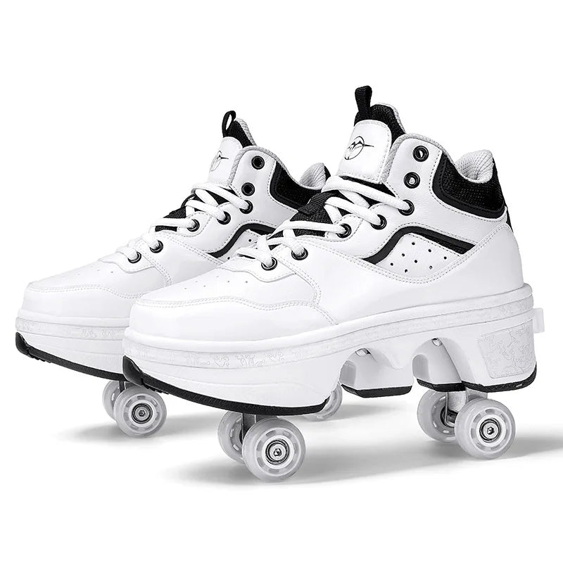 Dual Purpose Roller Skates Shoes - Adjustable Double Row 4-Wheel Deformation Roller Sneakers for Kids & Teens Size 33-44