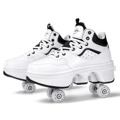 Dual Purpose Roller Skates Shoes - Adjustable Double Row 4-Wheel Deformation Roller Sneakers for Kids & Teens Size 33-44