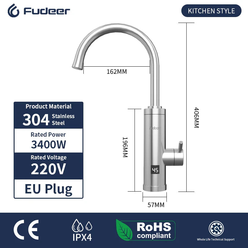 Fudeer 3400W 220V Electric Kitchen Water Heater Tap – Instant Hot & Cold Stainless Steel Faucet Heater