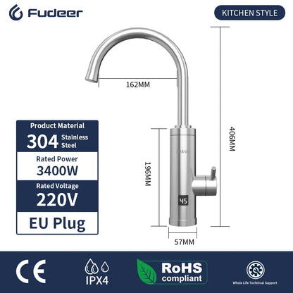 Fudeer 3400W 220V Electric Kitchen Water Heater Tap – Instant Hot & Cold Stainless Steel Faucet Heater