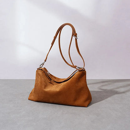 Simple Autumn Winter Grey & Brown Boston Tote — Soft Matte Suede Cow Leather Women's Shoulder Handbag