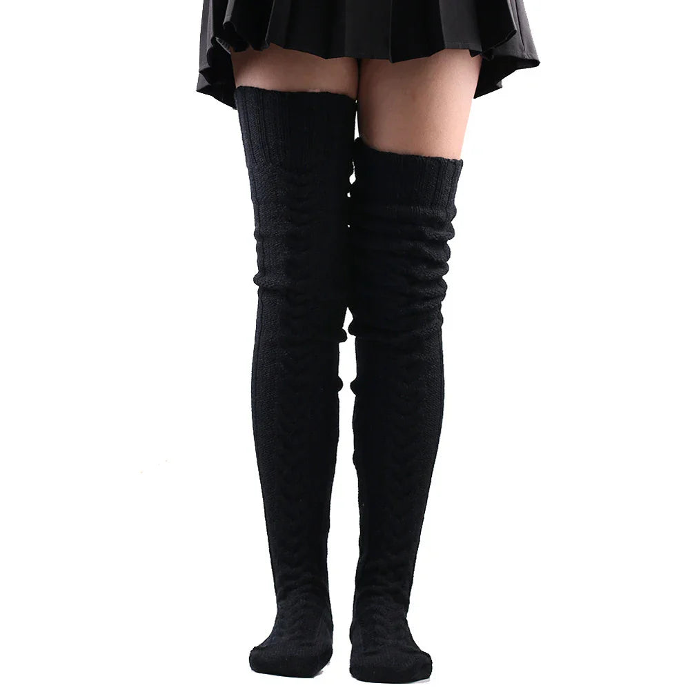 Women's Wool Foot Warmers: Fashionable Solid Color Thigh-High Stockings - Cute Autumn/Winter Lady Socks in Acrylic Fibers