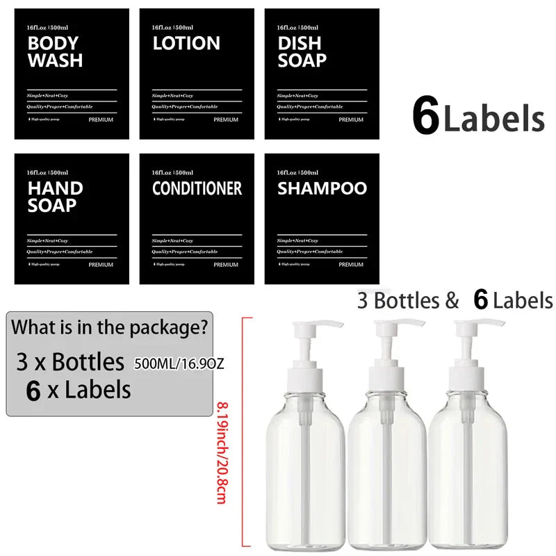 3 Pack 500ml Soap Dispenser Bottles with Labels – Kitchen & Bathroom Shampoo, Conditioner, Liquid Soap Containers