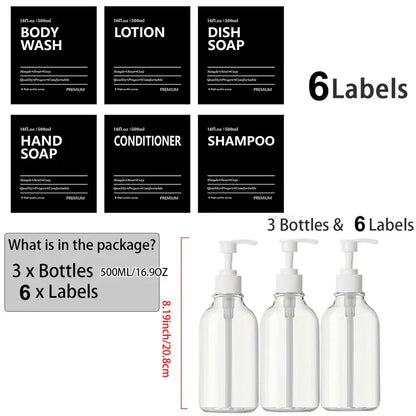 3 Pack 500ml Soap Dispenser Bottles with Labels – Kitchen & Bathroom Shampoo, Conditioner, Liquid Soap Containers