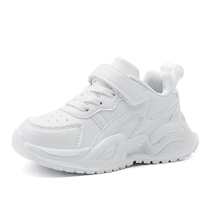 White Kids Leather Casual Shoes — Boys & Girls Outdoor Running Sneakers, Breathable Mesh, Non-Slip School Walking Sport Shoes