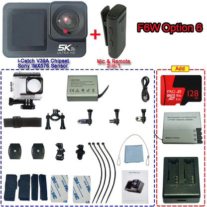 F6W Action Camera — 5K/4K60FPS, 48MP, 2.2" Touch LCD, EIS, Dual Screen, Wi-Fi, 170° Waterproof 30M, 8X Zoom Sports Camera with Wireless Mic