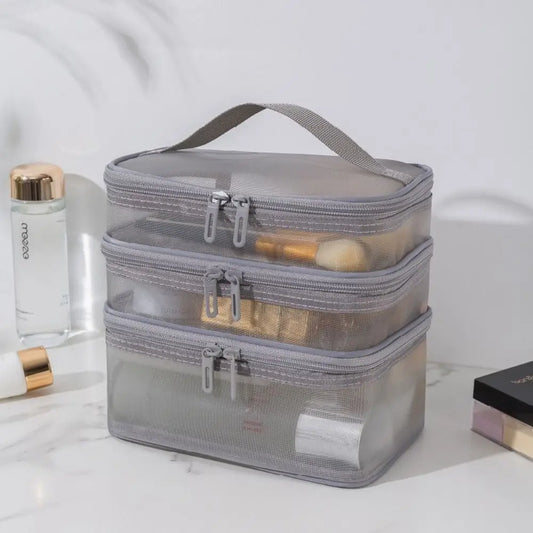 Fashion Transparent Mesh Travel Cosmetic Bag — 1/2/3 Layer Large-Capacity Makeup Organizer & Women’s Toiletry Bag