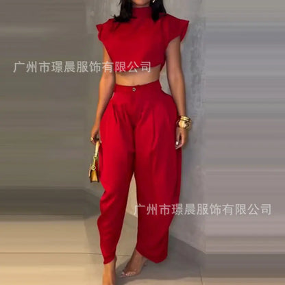 Women’s Summer Two-Piece Set – High Waist Trousers & Elegant Black Top for Casual Fashion