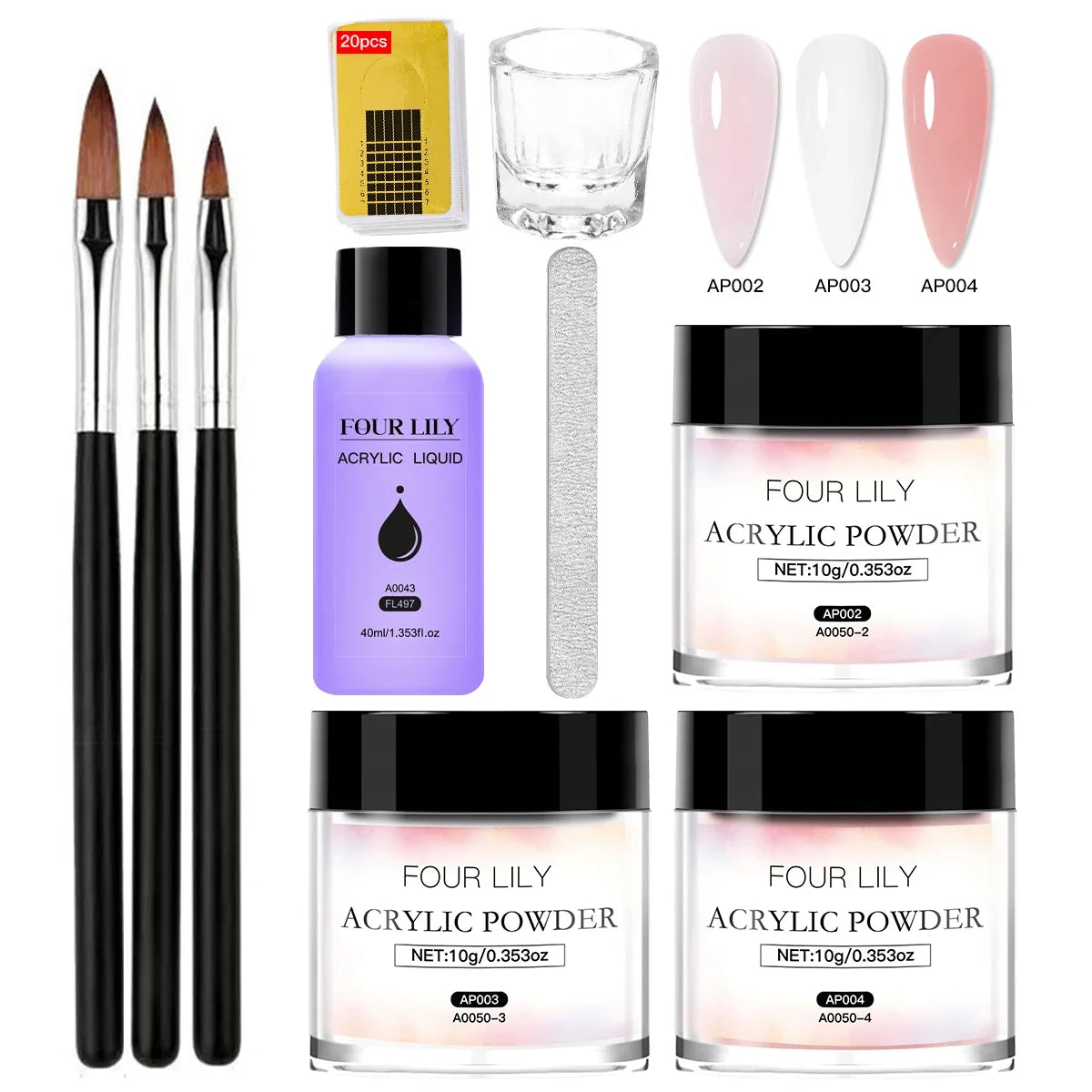 FOUR LILY Acrylic Nail Kit - Acrylic Powder, Liquid & Brush Set for Nail Extensions and Manicure