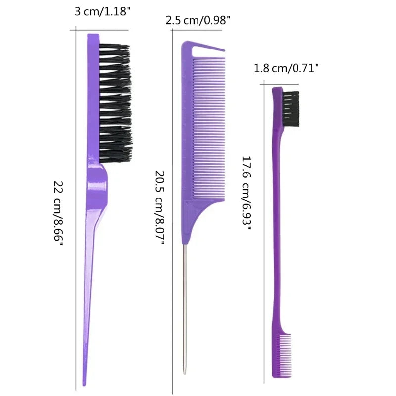 3PCS Hair Styling Comb Set – Teasing Brush, Rat Tail Comb, Edge Brush & Braid Tool for Hair Styling