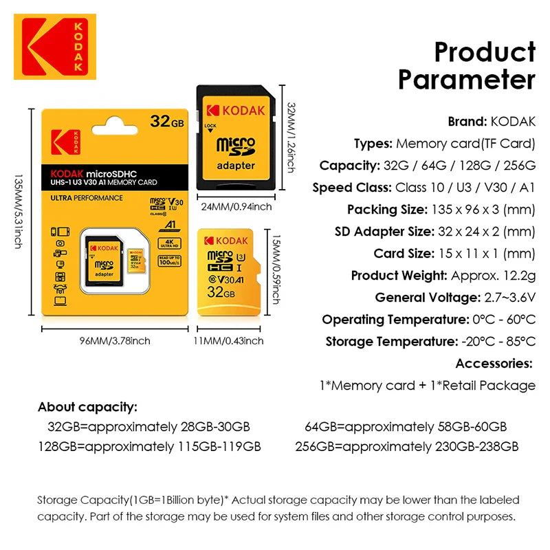 KODAK Micro SD Memory Card – 32GB MicroSDHC & 64GB MicroSDXC with Adapter, Class 10 A1 TF Flash Card