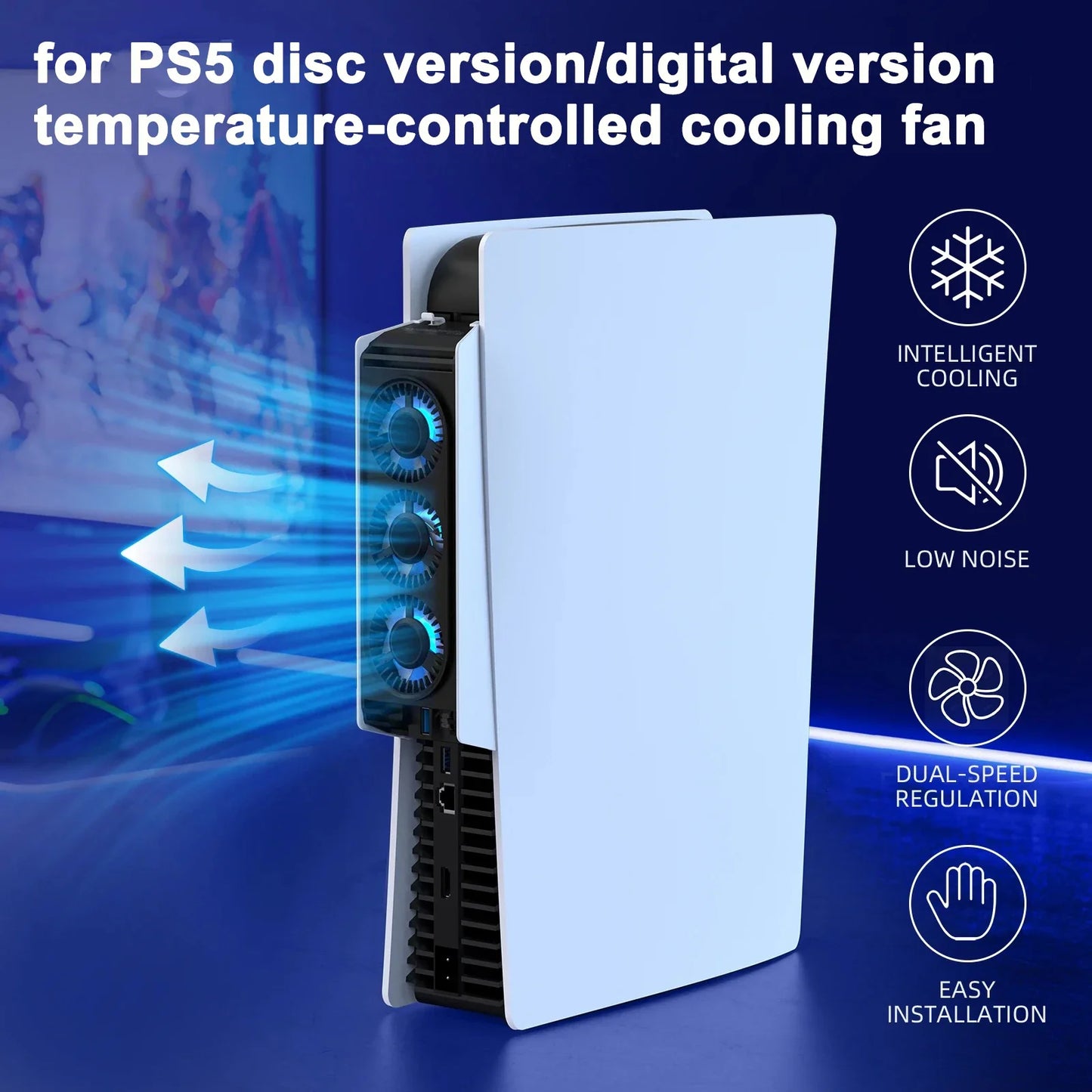 PS5 Disc & Digital Console Cooling Fan – USB 3.0 Hub with 2-Speed Adjustable Cooling System Gaming Accessory