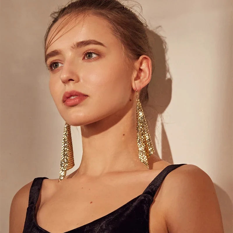 Women’s Metal Sequin Drop Earrings - Long Geometric Tassel Statement Jewelry for Wedding & Party Style