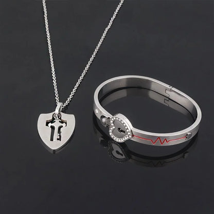 Couple Stainless Steel Love Lock Bracelet & Key Pendant Necklace – Romantic Jewelry Gift for Men and Women