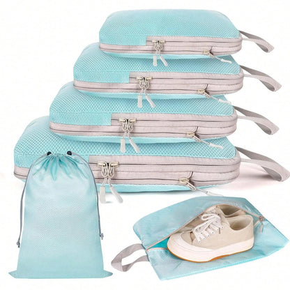 6-Piece Compressible Waterproof Nylon Packing Cubes Set – Portable Travel Storage Bags with Handbag Luggage Organizer
