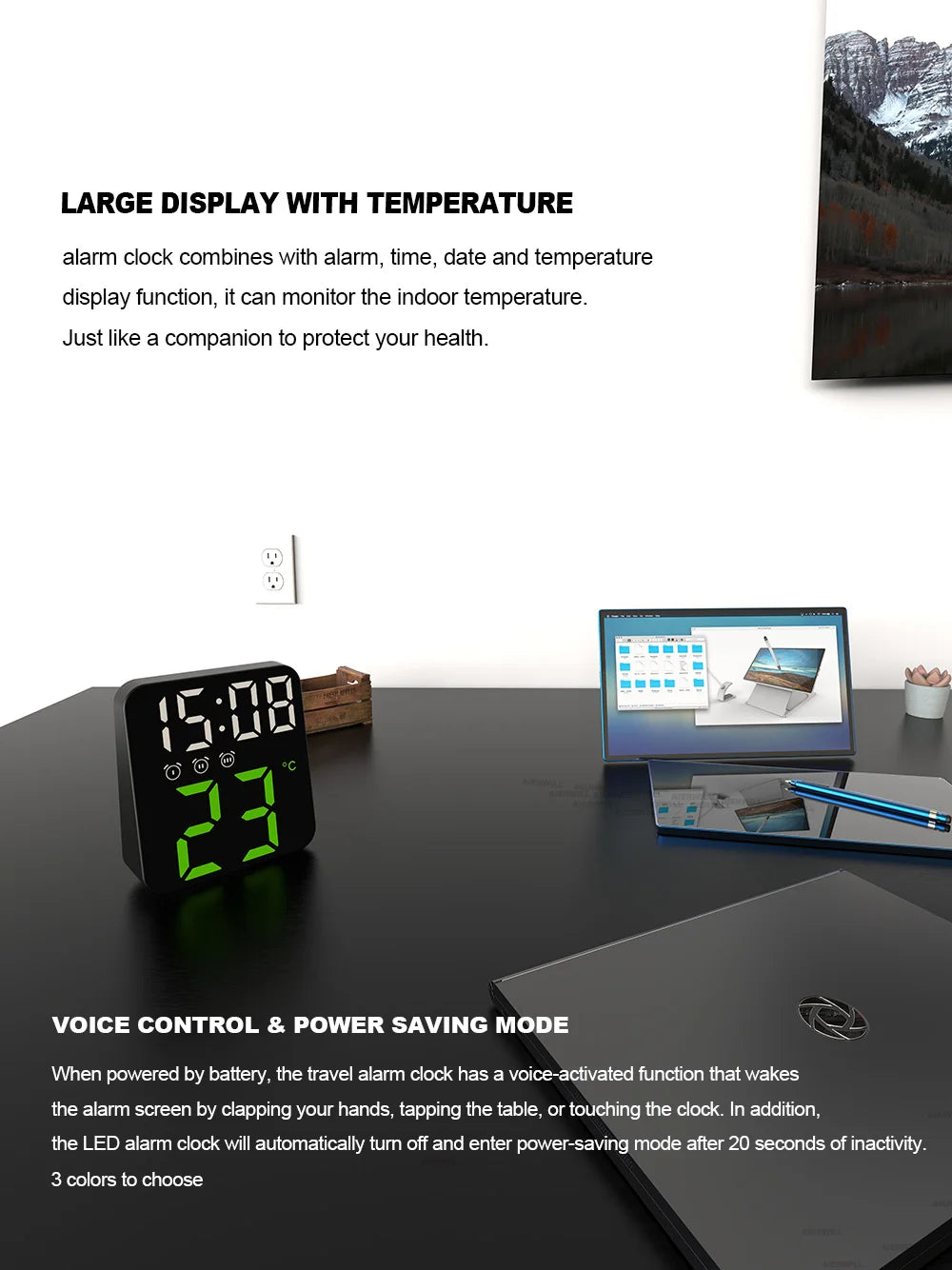 Digital Alarm Clock for Bedrooms – Temperature Display, Adjustable Brightness, Voice Control, 3 Alarms, 12/24H Wall Clock