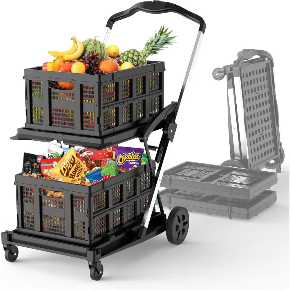 2-Tier Folding Shopping Cart — Mobile Grocery Trolley with Dual Baskets & Brake Wheels