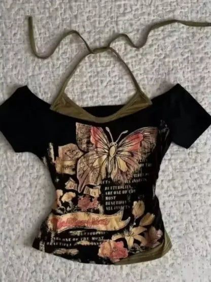 Y2K Women’s Gothic Grunge Crop Top – Vintage Punk Print Slim Fit Streetwear T-Shirt 2000s Retro Style
