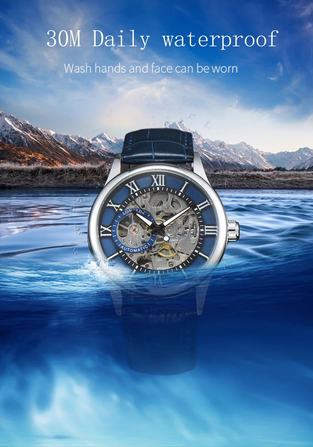 LONGLUX Rome Automatic Mechanical Waterproof Men’s Watch – Hollow Dial Leather Wristwatch Gift