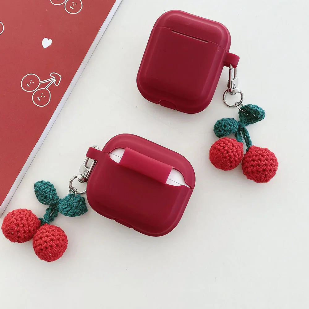 Knitted Red Cherry Pendant Soft Silicone Earphone Case for AirPods Pro 2 & AirPods 1/2/3/4 — Protective Cover with Keychain