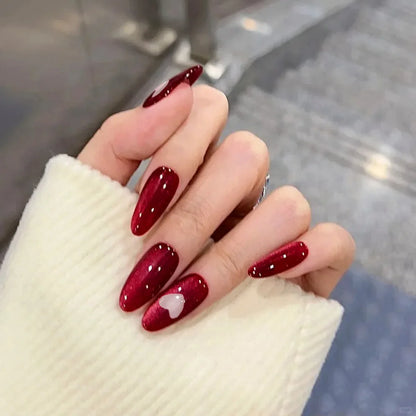 24PCS Glossy Red Cat Eye Press-On Nails Almond Full Cover Reusable Fake Nail Set