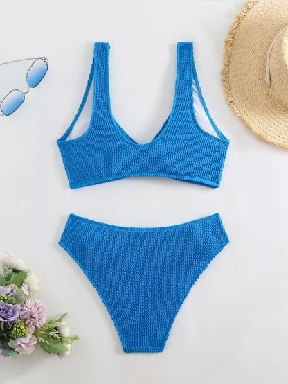2025 Summer Women's Two-Piece Swimsuit – Solid High Waist V-Neck Backless Bikini Set Beachwear