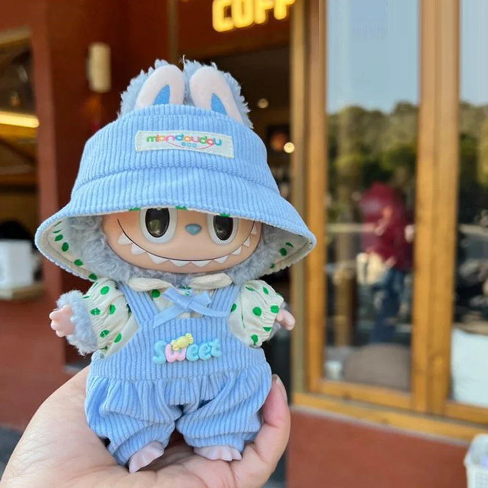 17cm Mini Doll Clothes Set – Kpop EXO Labubu Idol V1 V2 Striped Sweater Overalls, Glasses & Hat Accessories