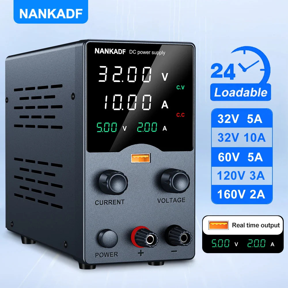 30V 10A Adjustable DC Lab Power Supply – 4-Digit LED Display, USB-A/Type-C 5V/3.6A Fast Charge with Encoder Control