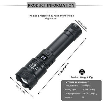 2000LM High-Power LED Tactical Flashlight – USB Rechargeable Zoom Torch with Display, Outdoor Camping, Fishing & Emergency Lantern Light for Survival Use