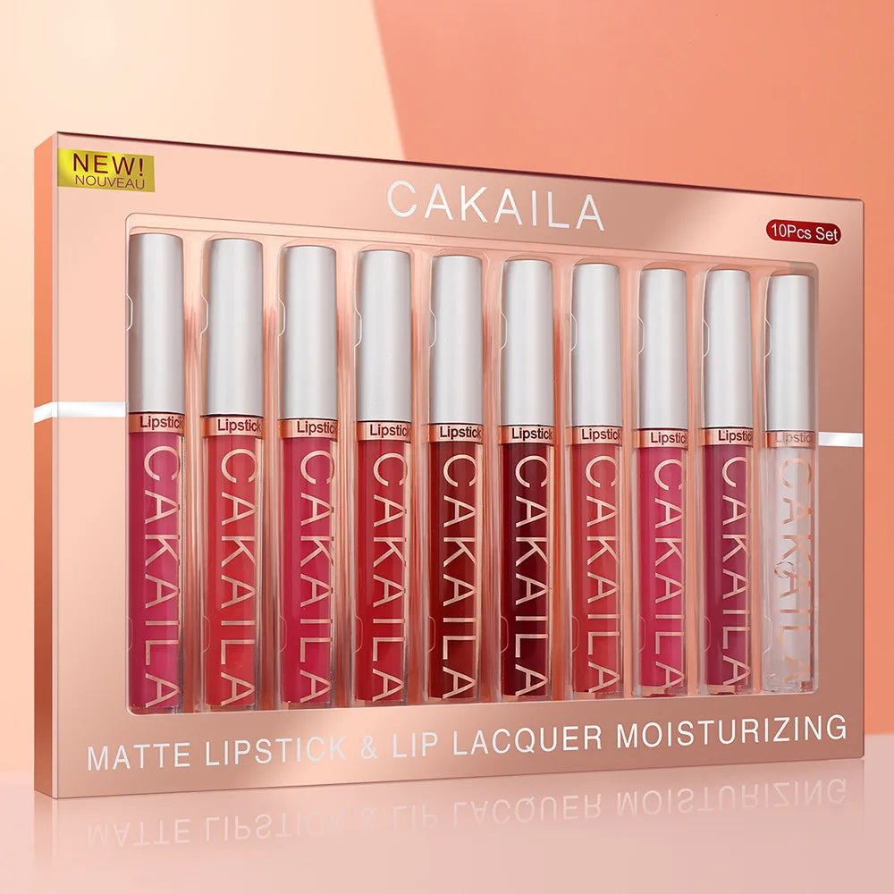CAKAILA 10-Piece Nude Matte Lip Gloss Set – Waterproof Velvet Liquid Lipstick & Moisturizing Lip Tint for Women
