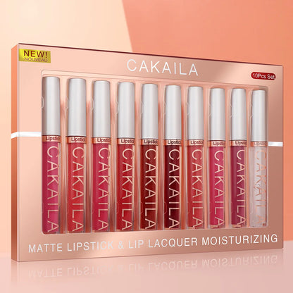 CAKAILA 10-Piece Nude Matte Lip Gloss Set – Waterproof Velvet Liquid Lipstick & Moisturizing Lip Tint for Women