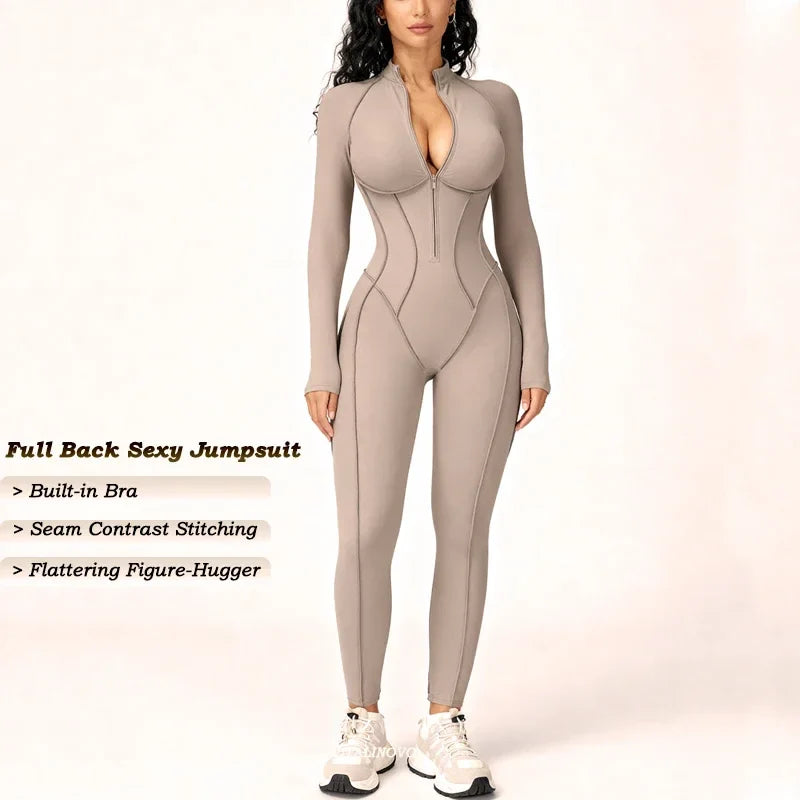 VITALINOVO Women’s Athletic Onesie Jumpsuit – Long Sleeve Zip-Up Running Romper, Bodycon Workout & Hiking One-Piece Activewear Outfit