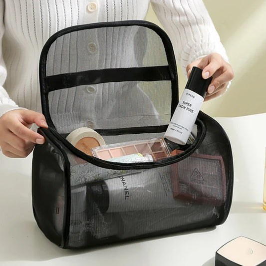 Large Toiletry Bag — Mesh Travel Cosmetic Pouch with Zipper, Makeup Organizer for Girls