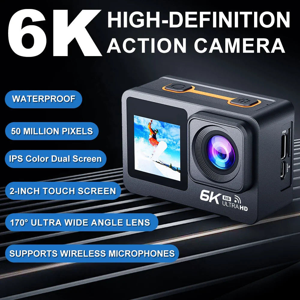6K 4K60FPS Action Camera – 50MP Dual Screen, 2.0" Touch LCD, EIS, WiFi, 170° Lens, 30M Waterproof, 5X Zoom with Remote