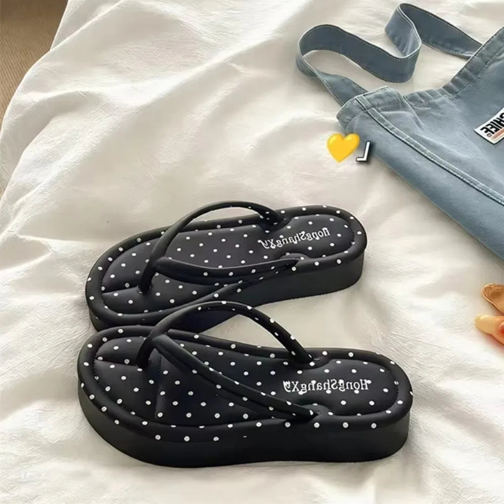 Polka Dot Platform Flip Flops - Thick Sole Breathable Non-Slip Summer Beach Sandals