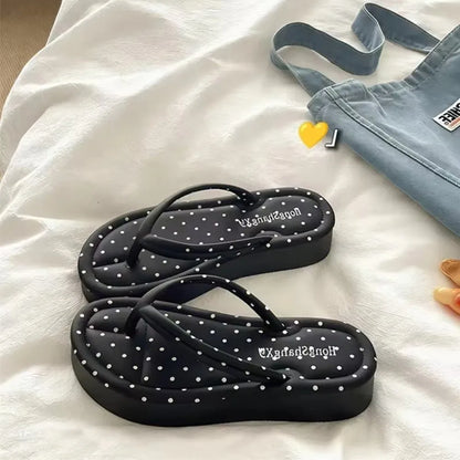 Polka Dot Platform Flip Flops - Thick Sole Breathable Non-Slip Summer Beach Sandals