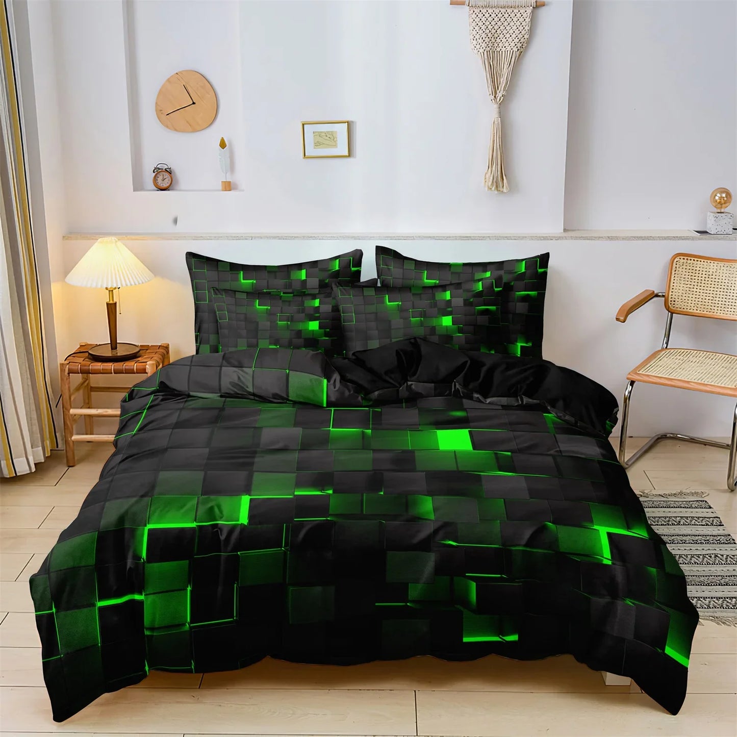 3PCS Geometric Grid Duvet Cover Set - Soft Plaid Bedding with 2 Pillowcases
