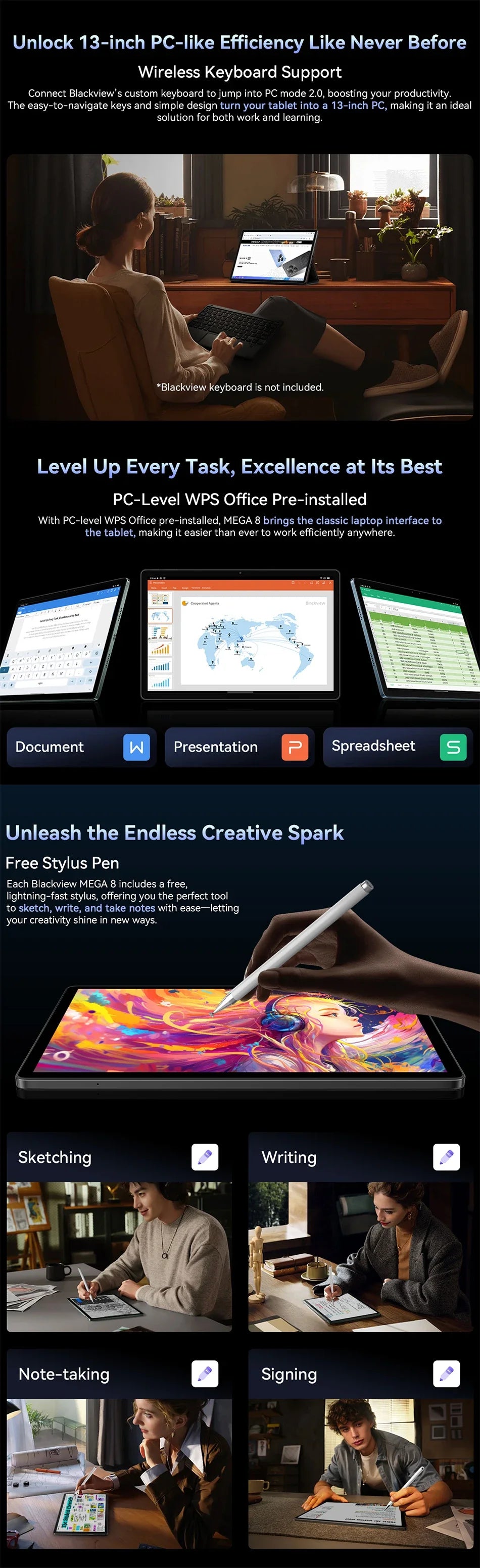 Blackview MEGA 8 Tablet – 13" FHD+ 90Hz Display, 11000mAh, Android 15, 50MP Camera, 4 Speakers, 4G Pad PC