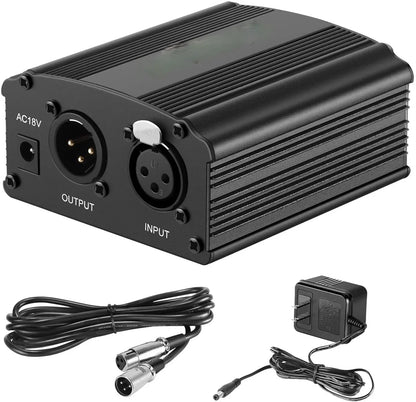48V Phantom Power Supply Kit - XLR 3-Pin Microphone Cable & Adapter for Condenser Recording Mics