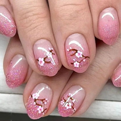 24PCS Short Square Coffin False Nails – French Glitter Acrylic Press-On Nail Tips with Glue, Wearable Fake Nails Set
