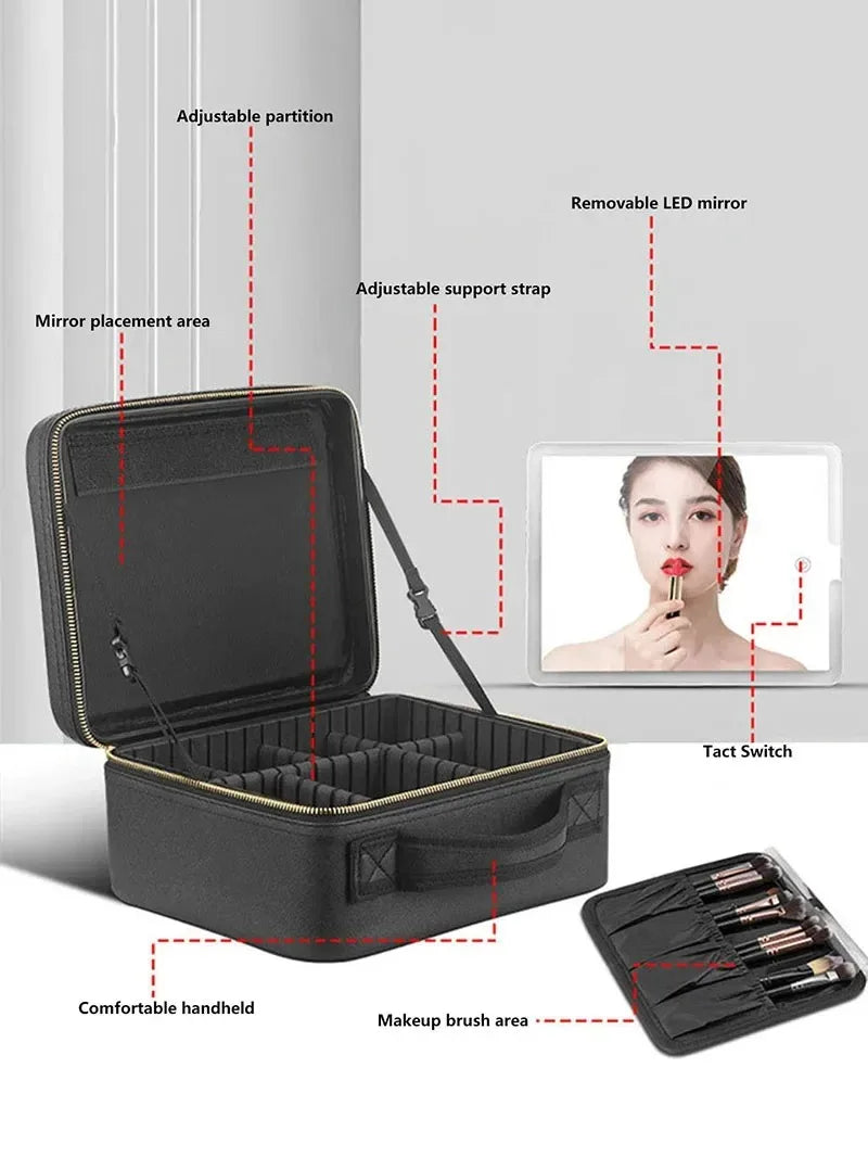 Smart LED Cosmetic Case with Mirror, Large Capacity Travel Makeup Bag for Women, Skincare & Beauty Organizer