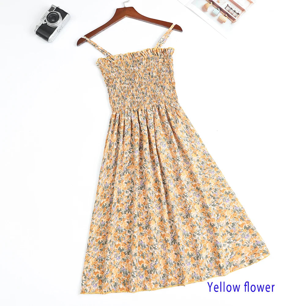 Women’s Summer Mini Dress – Casual Sleeveless Spaghetti Strap Chiffon Dress with Elastic High Waist