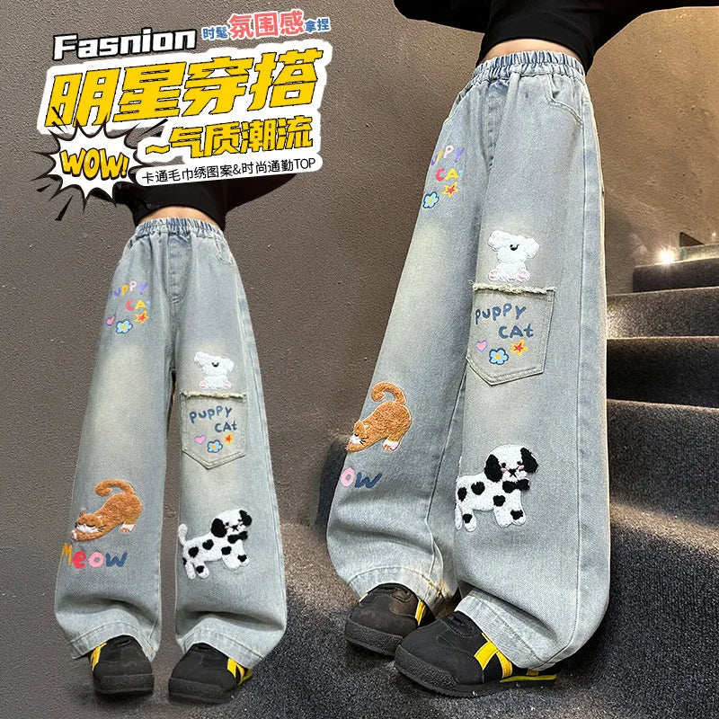Girls’ Cartoon Embroidered Wide-Leg Jeans – Autumn Fashion Denim Pants for Kids & Teenagers, Ages 4-14