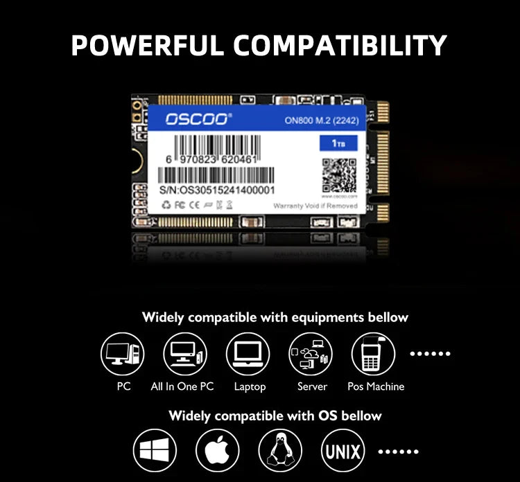 OSCOO M.2 SATA3.0 SSD — 2242mm NGFF 128GB-2TB Internal Solid State Drive with 3D TLC NAND Flash
