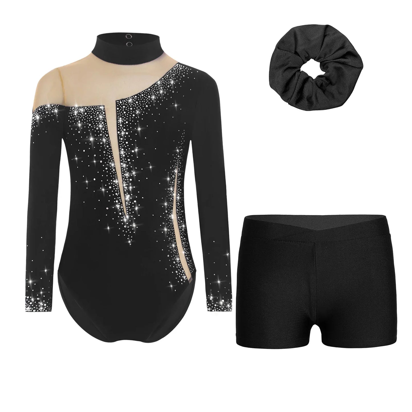 Kids Girls Long-Sleeve Ballet Leotard with Body Shorts & Hair Band — Gymnastics Dance Bodysuit
