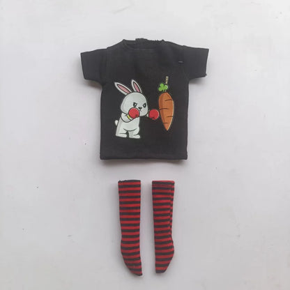 Handmade OB24 1/6 Blyth Doll Clothes – Cartoon T-Shirt with Striped Socks for 1/6 Doll Accessories