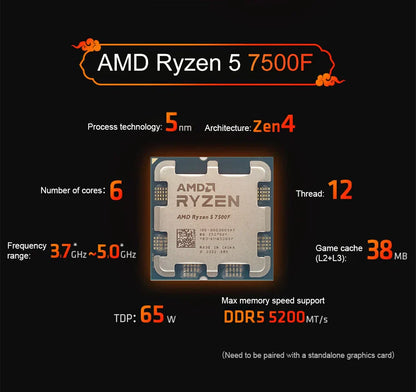 AMD Ryzen 5 7500F CPU - 6-Core, 12-Thread, 3.7GHz, 32MB L3 Cache, 5NM, Socket AM5 (Tray, No Cooler)