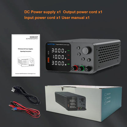 30V 10A Adjustable DC Lab Power Supply – 4-Digit LED Display, USB-A/Type-C 5V/3.6A Fast Charge with Encoder Control
