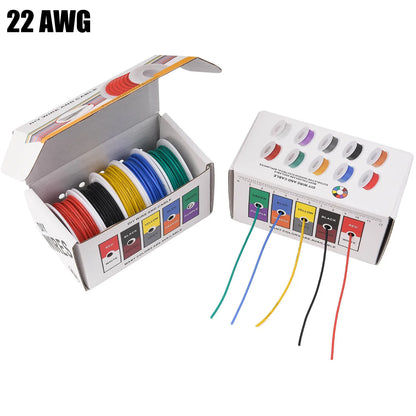 22AWG Flexible Silicone Electric Wire – 22 Gauge Stranded Tinned Copper, 5 Colors, 16.4ft/5m or 32.8ft/10m